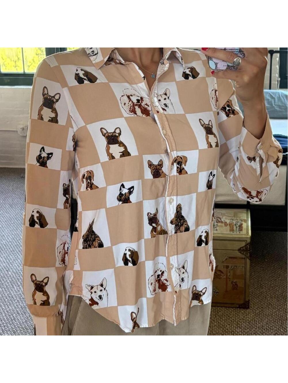 Jane + Delancey Checkered Dog Print Button Down Shirt